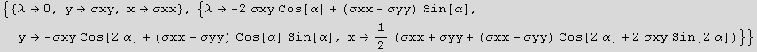 {{λ0, yσxy, xσxx}, {λ -2 σxy Cos[^ ... 62754;1/2 (σxx + σyy + (σxx - σyy) Cos[2 α] + 2 σxy Sin[2 α])}}